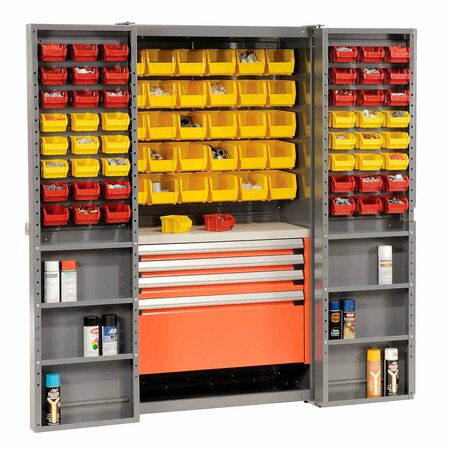 GLOBAL INDUSTRIAL Security Work Center & Storage Cabinet, Shelves, 4 Drawers, Yellow/Red Bins 159009